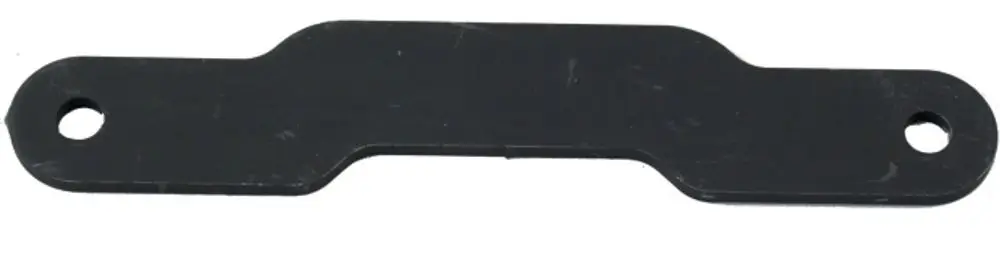 Schwarze, flache Verbindungselement aus Kunststoff mit zwei Löchern zur Befestigung, verwendet für Produkte der Marke Wolf.